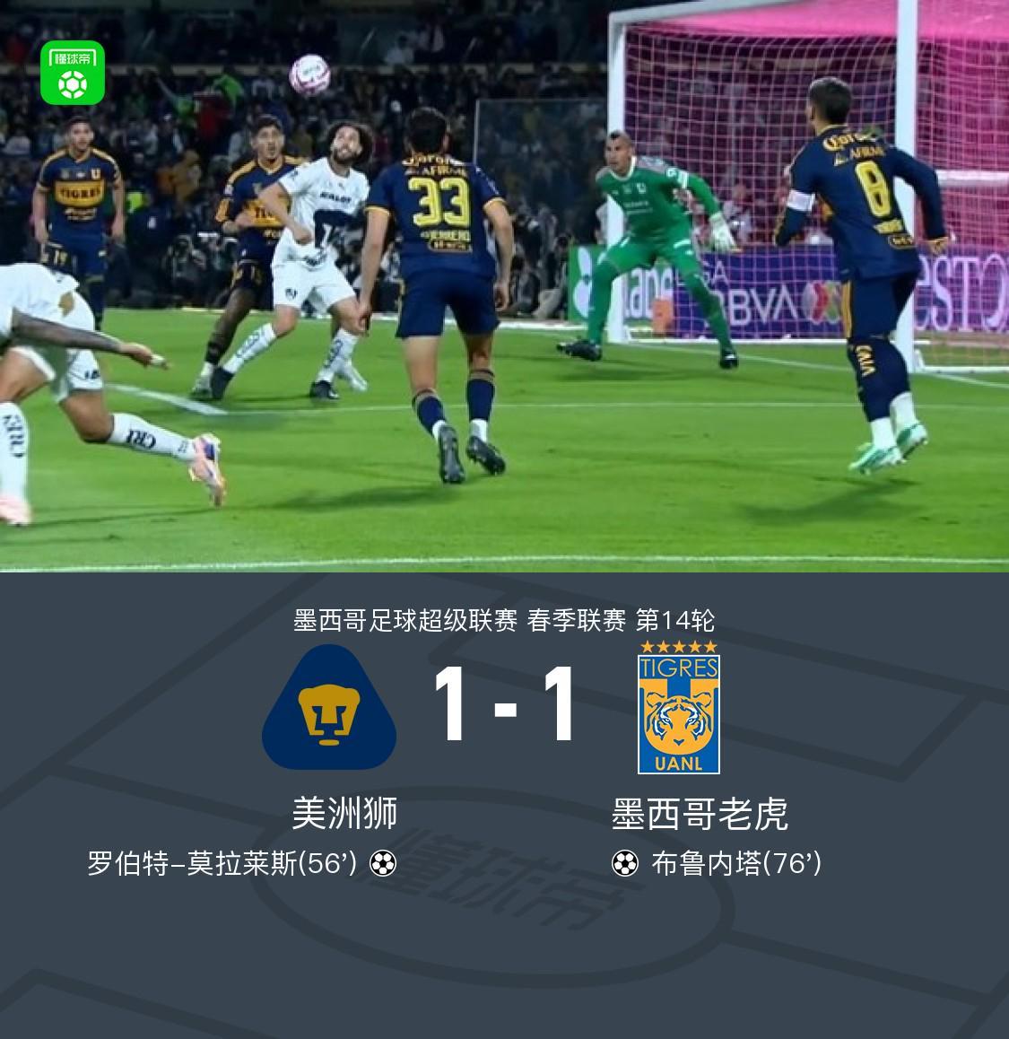 美洲狮1-1墨西哥老虎，罗伯特-莫拉莱斯破门，布鲁内塔扳平